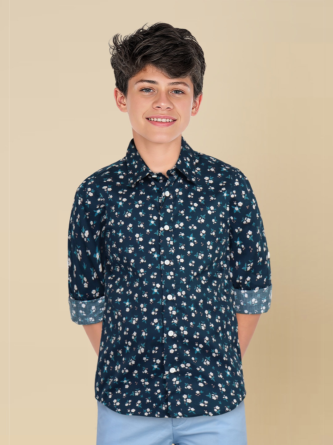 

Allen Solly Junior Boys Sport Fit Floral Printed Pure Cotton Casual Shirt, Navy blue