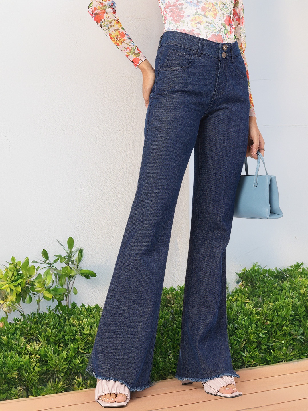 

DressBerry Women Distressed Darling Frayed Hem Bootcut Jeans, Navy blue