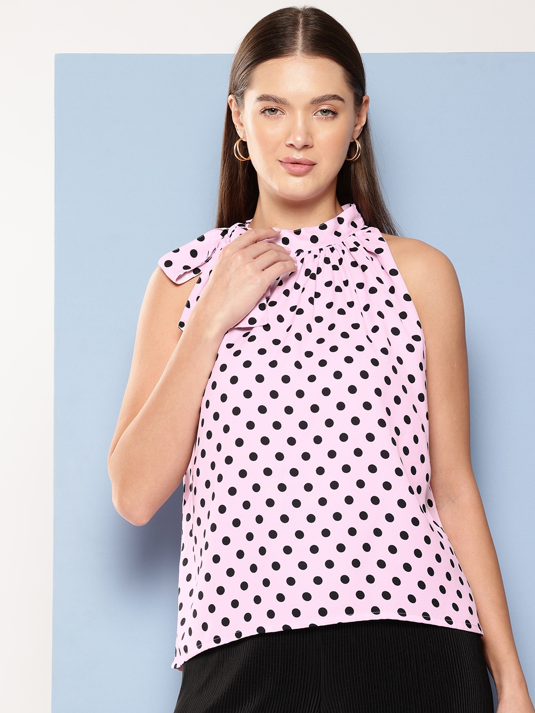 

Chemistry Polka Dot Print Tie-Up Neck Top, Pink