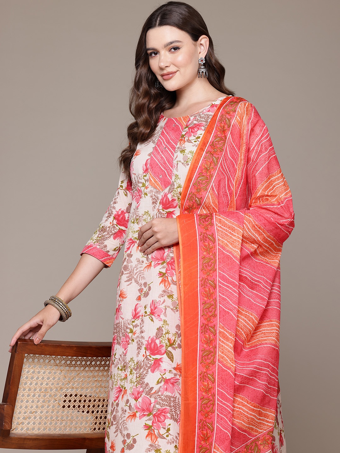 

Readiprint Floral Printed Mirror Work Pure Cotton Kurta With Trousers & Dupatta, Pink