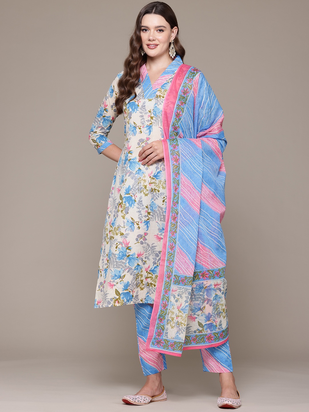 

Readiprint Floral Printed Beads & Stones Pure Cotton Kurta Set, Blue