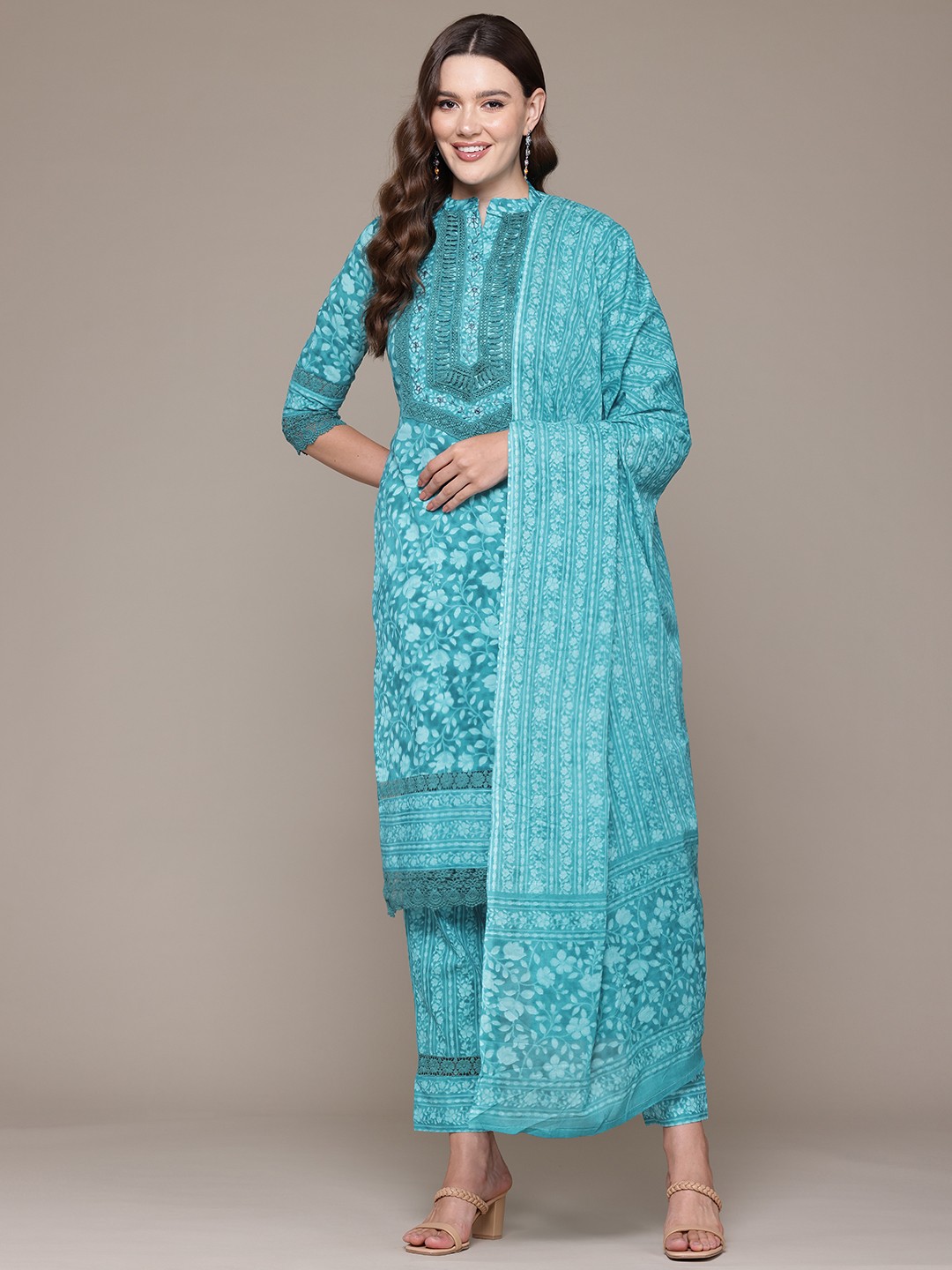 

Readiprint Floral Printed Thread Work Pure Cotton Kurta With Trousers & Dupatta, Turquoise blue