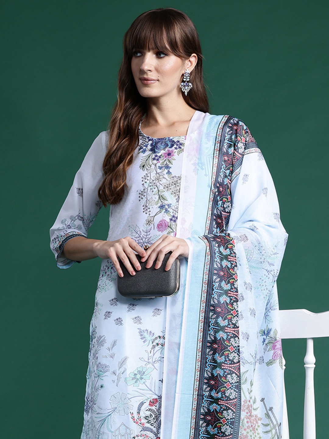 

Indo Era Ethnic Motifs Printed Kurta With Trousers & Dupatta, Blue