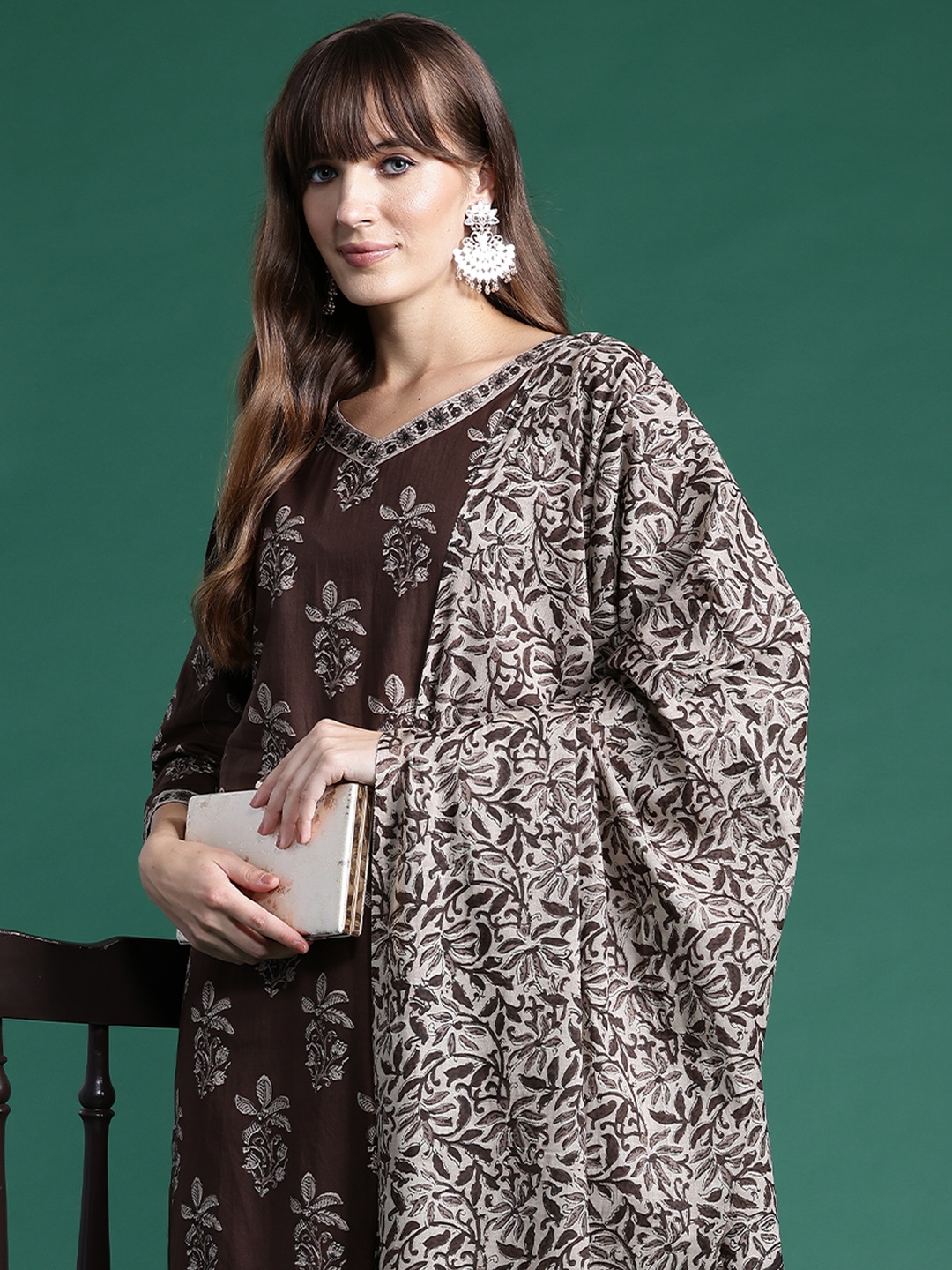 

Indo Era Floral Printed Pure Cotton Kurta With Salwar & Dupatta, Brown