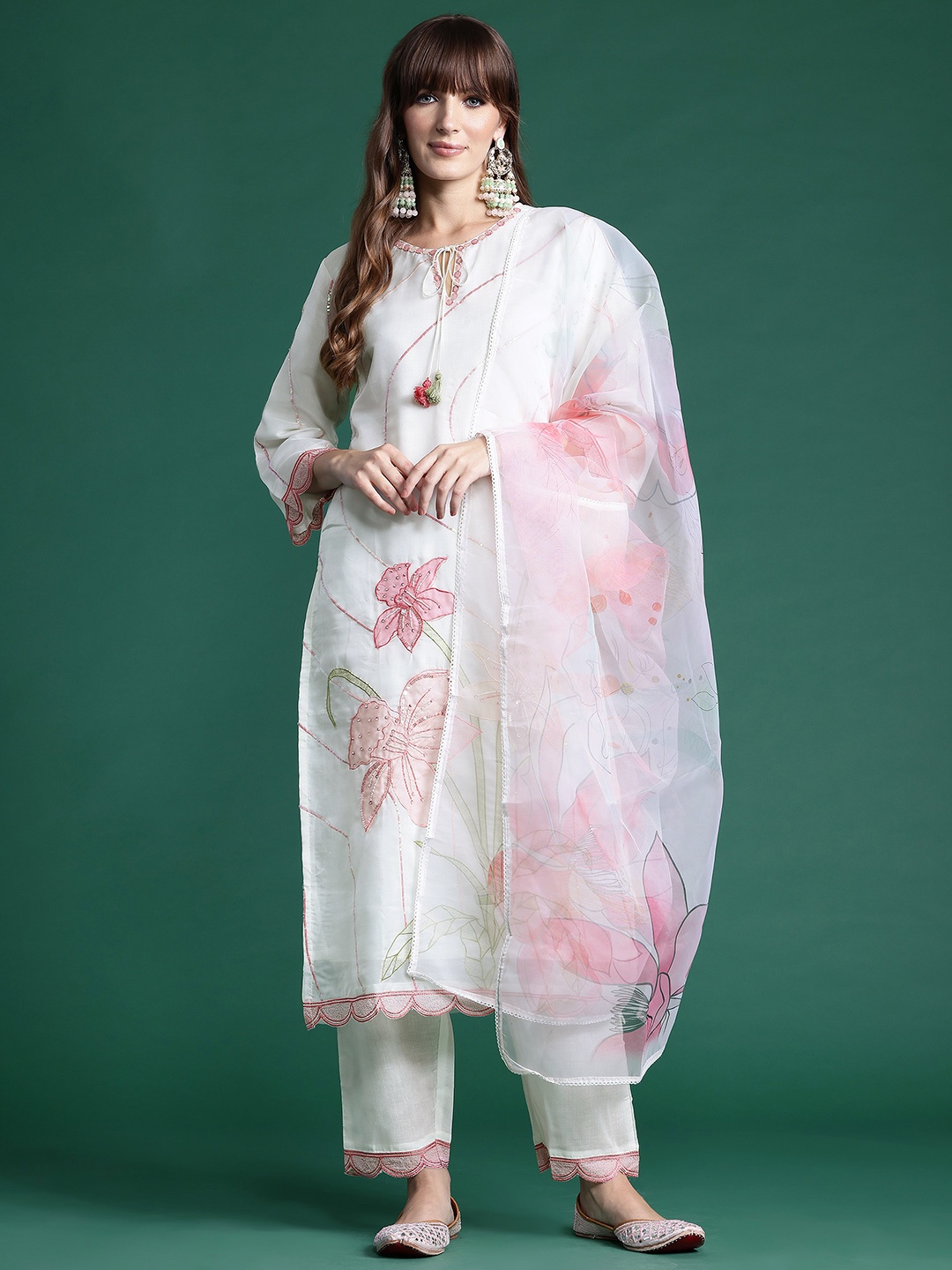 

Indo Era Floral Embroidered Sequinned Kurta With Trousers & Dupatta, White