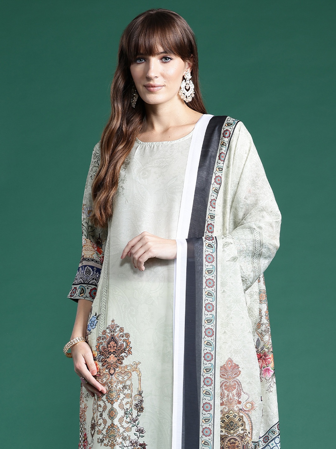 

Indo Era Ethnic Motifs Printed Kurta With Trousers & Dupatta, Green