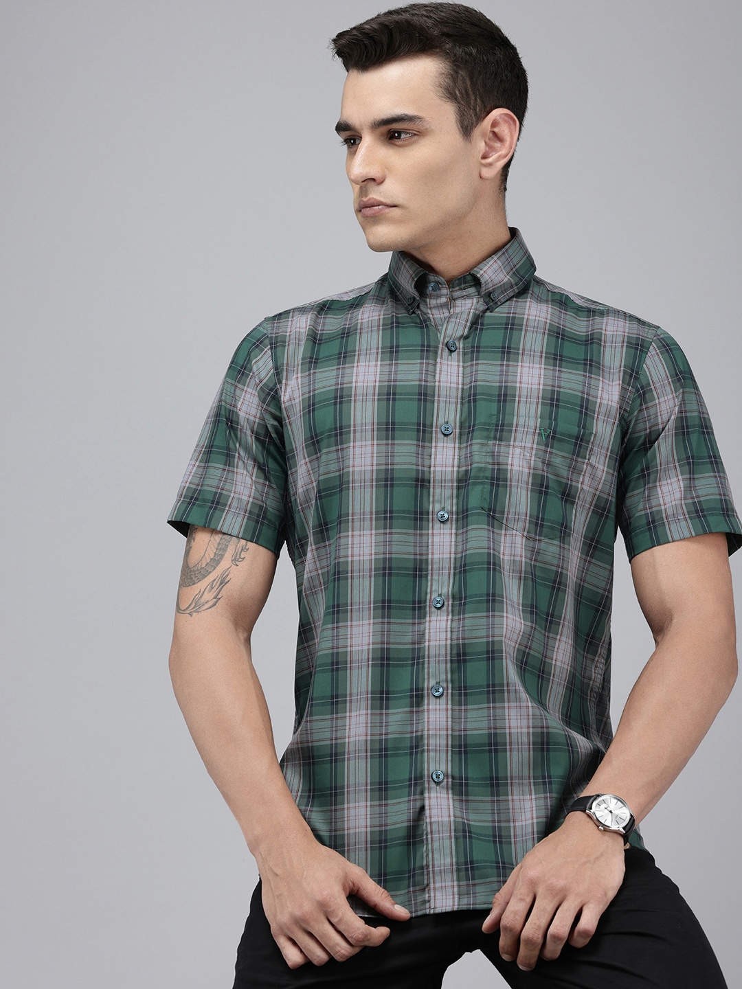 

Van Heusen Sport Pure Cotton Slim Fit Checked Casual Shirt, Green