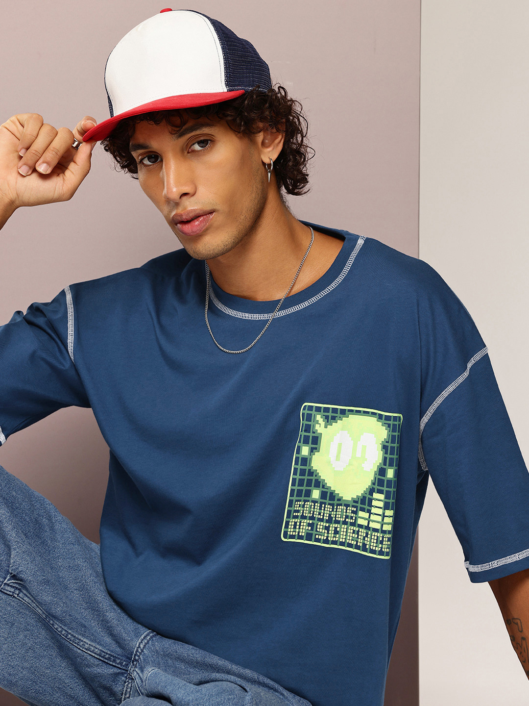 

Dexter by Kook N Keech Printed Drop-Shoulder Sleeves Pure Cotton Oversized T-shirt, Navy blue