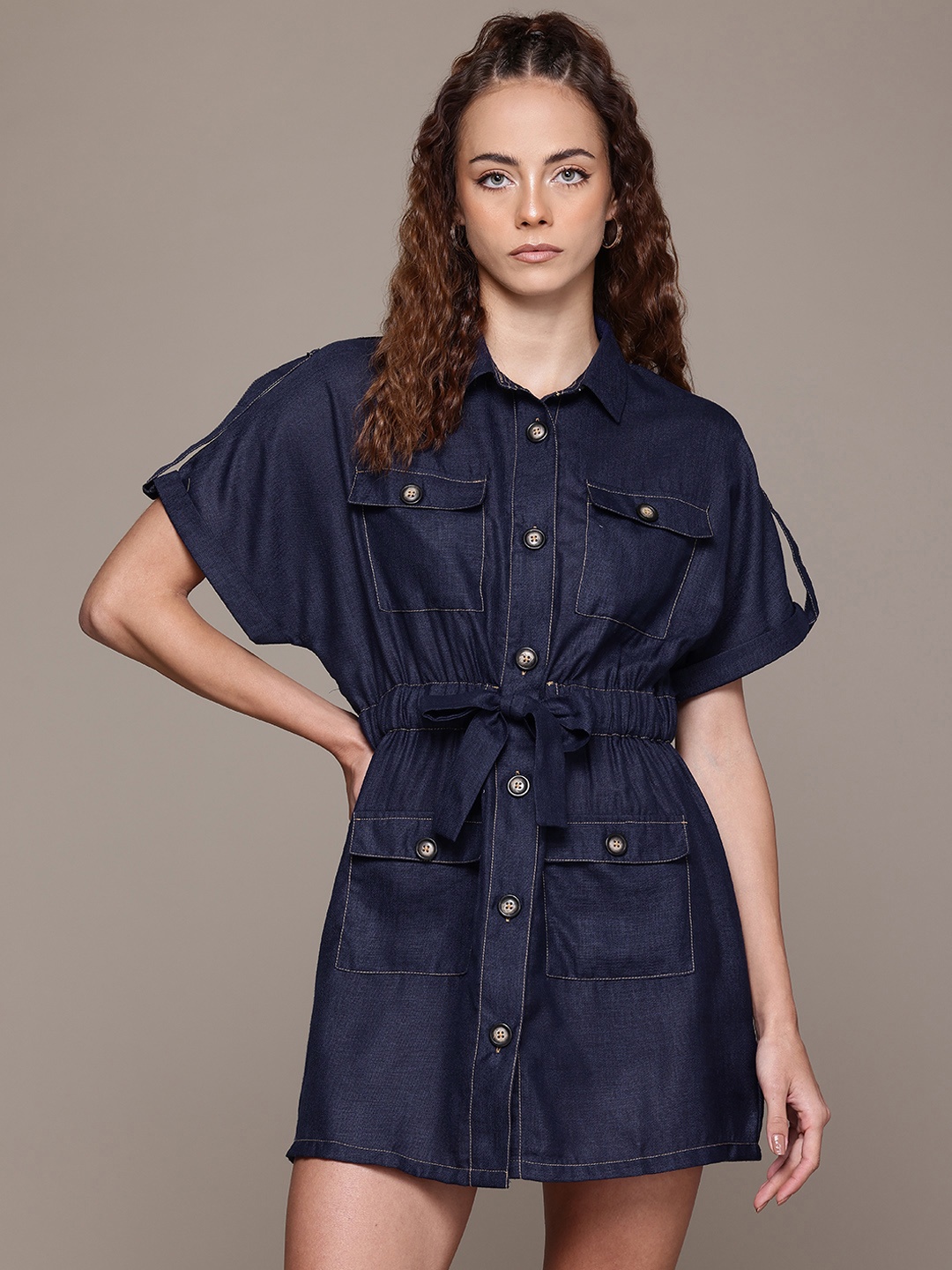 

Roadster Shirt Style Extended Sleeves Dress, Navy blue