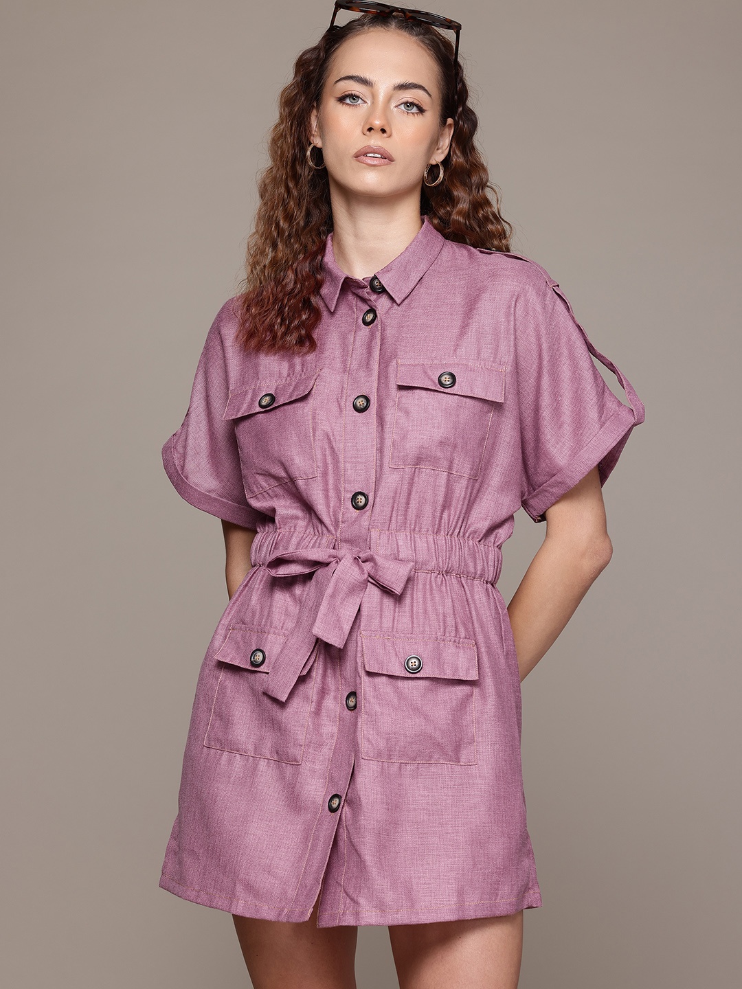 

Roadster Shirt Style Extended Sleeves Dress, Pink