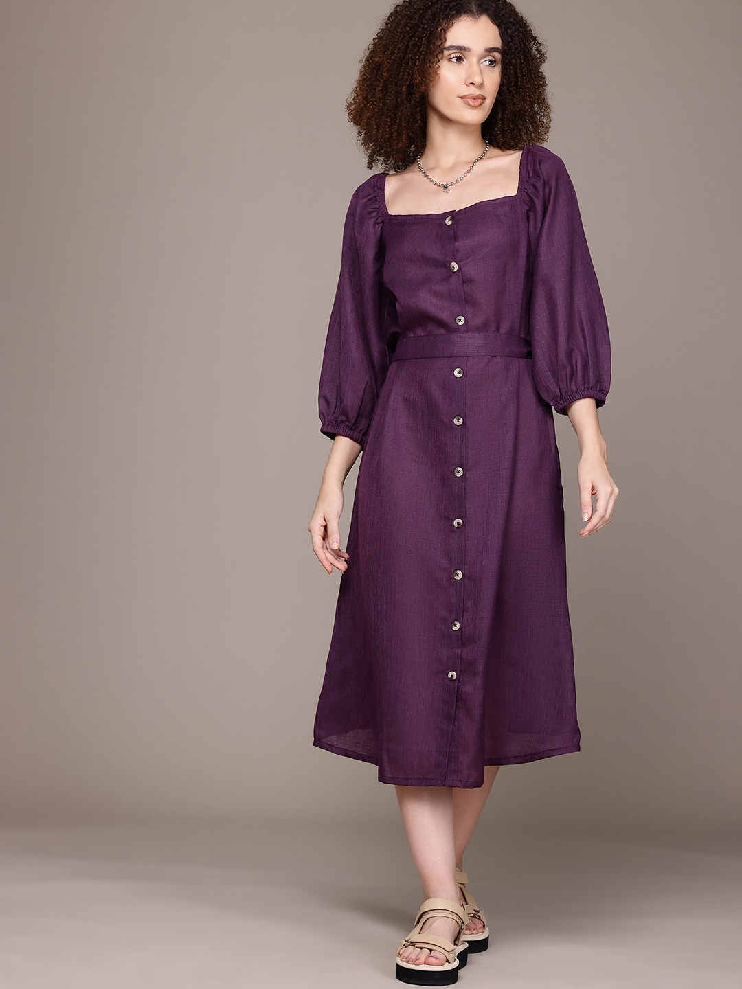 

The Roadster Lifestyle Co. Puff Sleeve Shirt Midi Dress, Purple