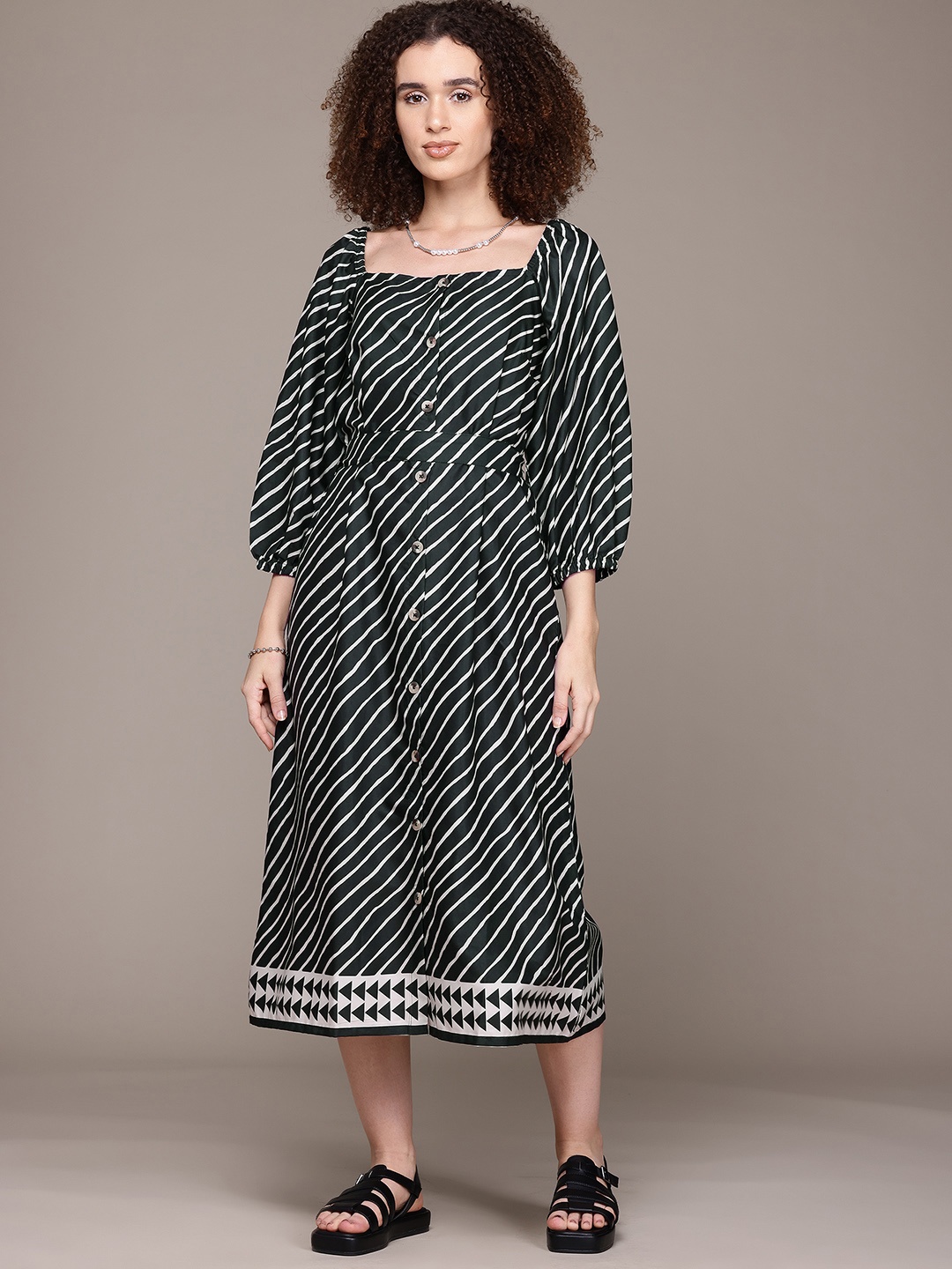 

The Roadster Lifestyle Co. Striped Puff Sleeve Fit & Flare Midi Dress, Green