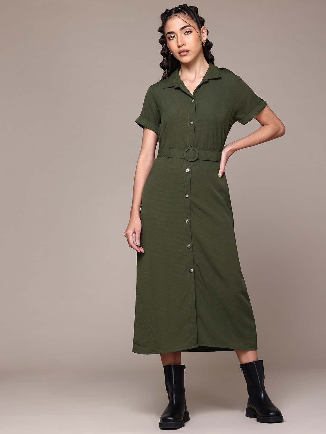 

The Roadster Lifestyle Co. Self-Checked Shirt Midi Dress with Belt, Olive