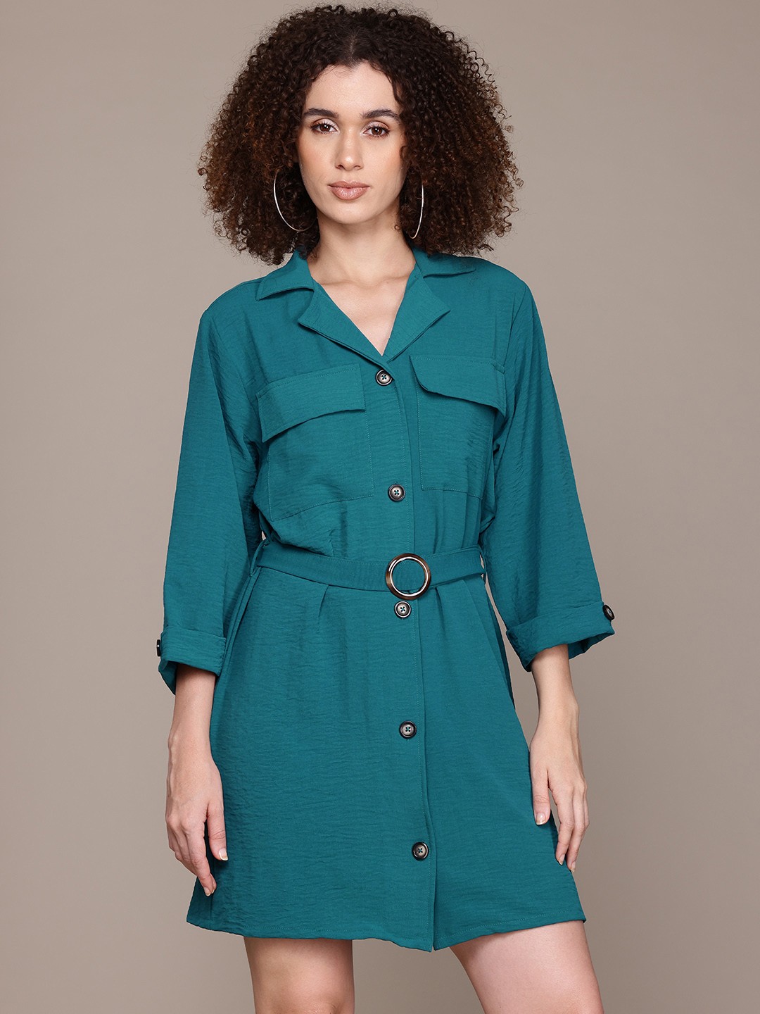 

The Roadster Lifestyle Co. Belted Mini Shirt Dress, Teal