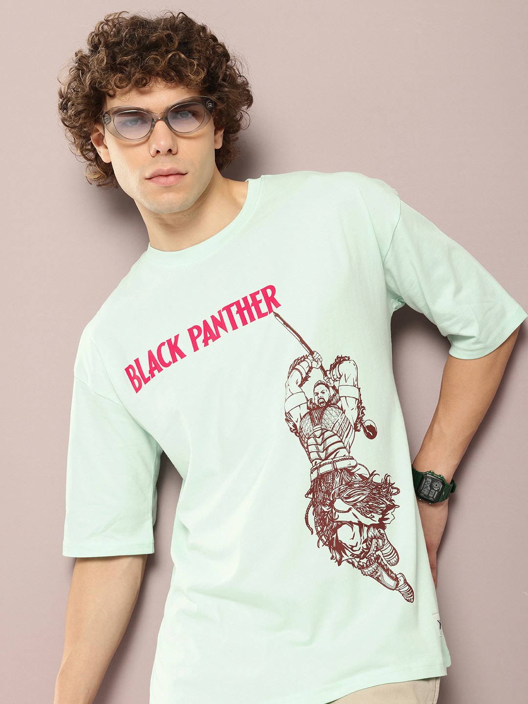 

Kook N Keech Marvel Men Black Panther Printed Oversized Pure Cotton T-shirt, Turquoise blue