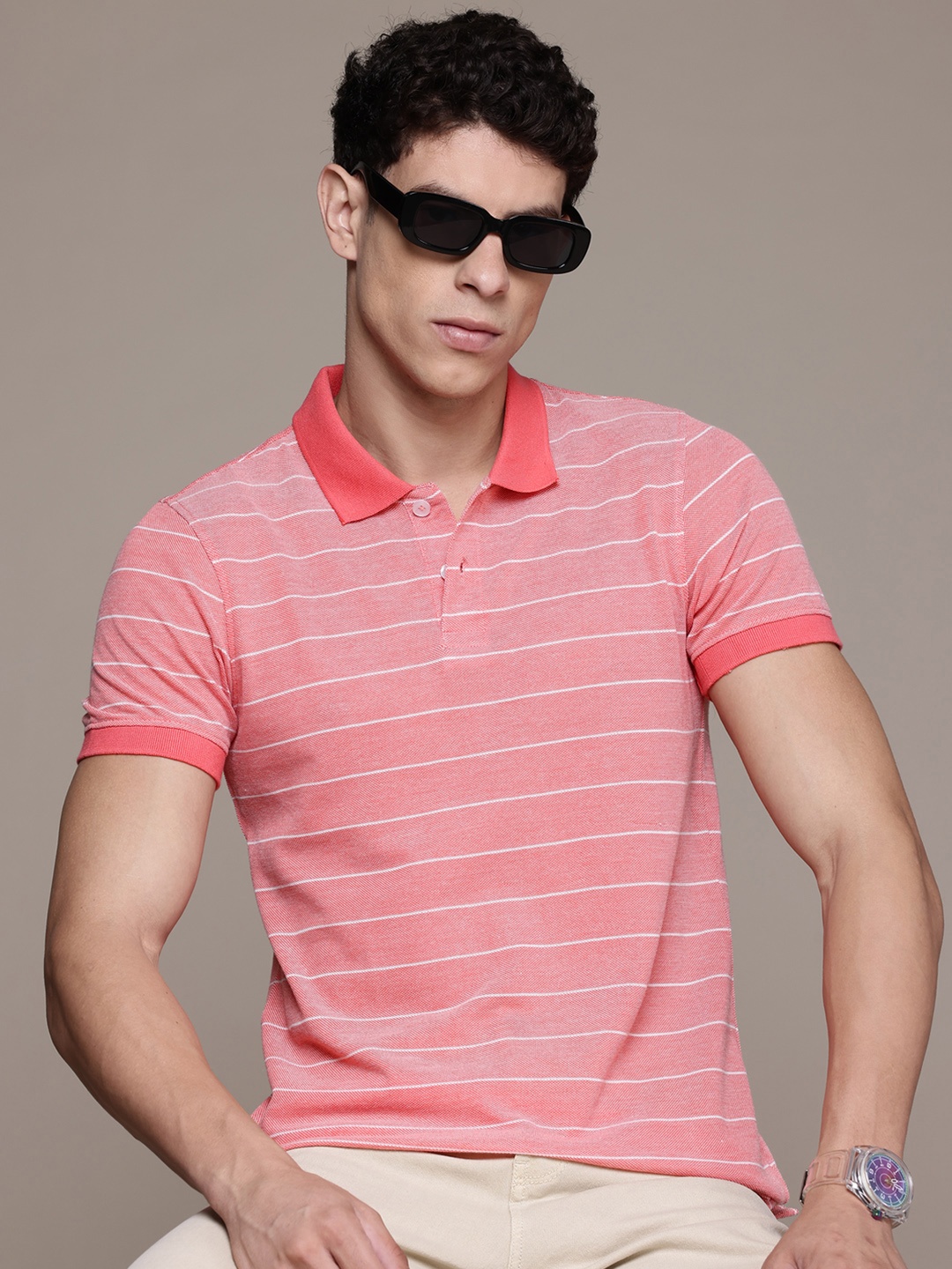 

Roadster Men Striped Polo Collar T-shirt, Coral