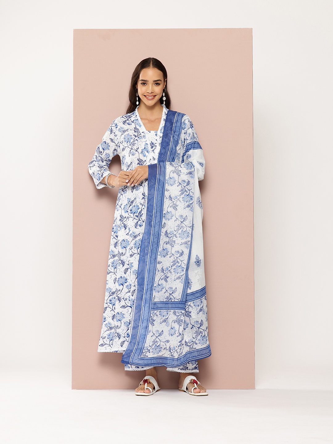 

PARTHVI Floral Printed Thread Work Kurta With Trousers & Dupatta, Blue