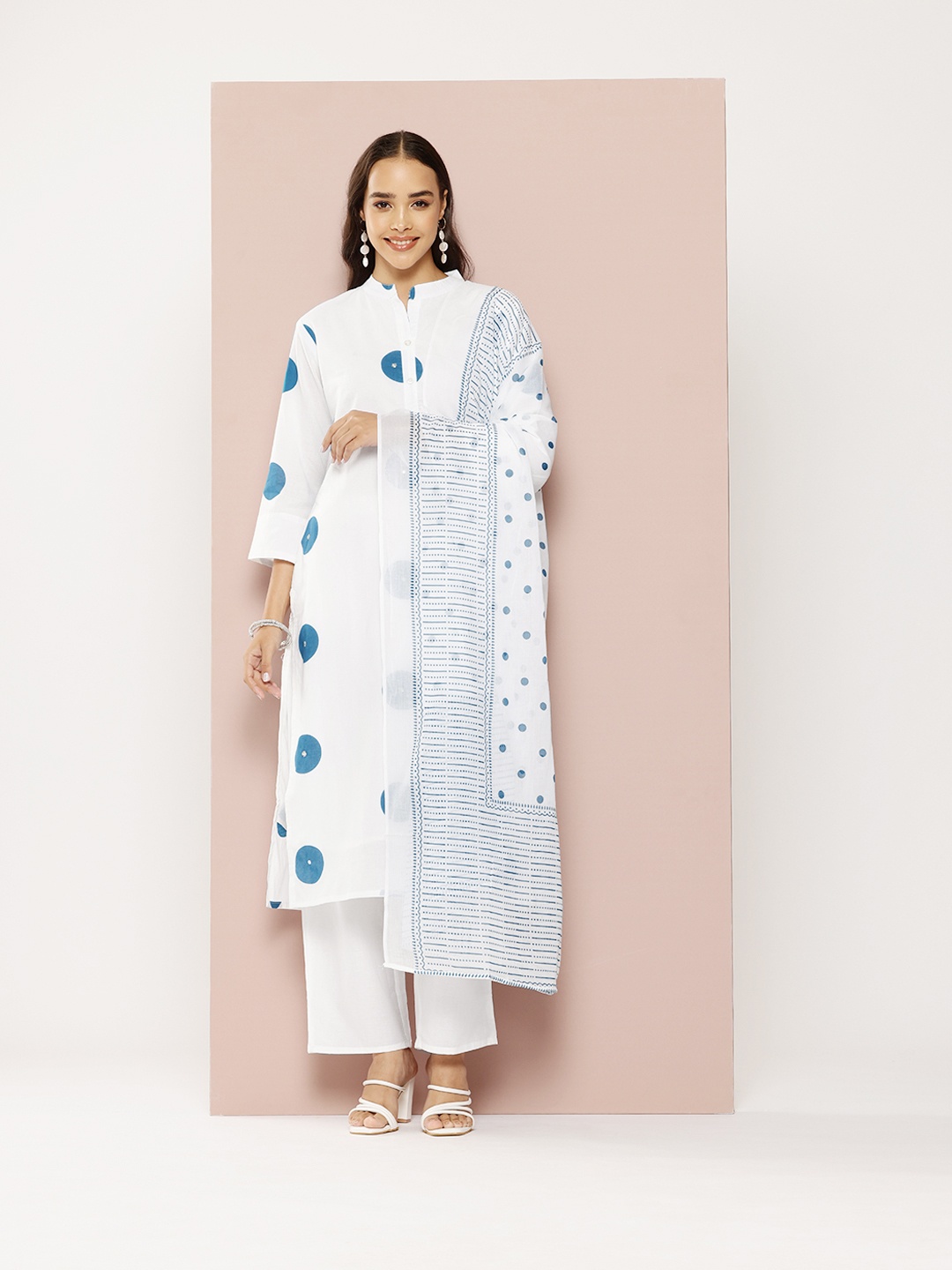 

PARTHVI Printed Beads & Stones Pure Cotton Kurta With Trousers & Dupatta, Blue