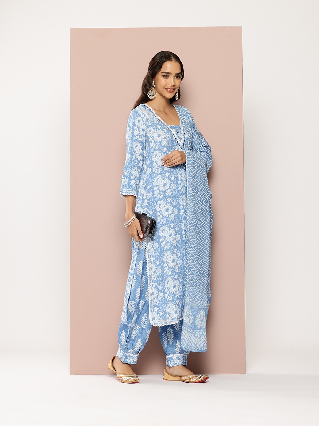 

PARTHVI Floral Printed Mirror Work Kurta With Salwar & Dupatta, Blue