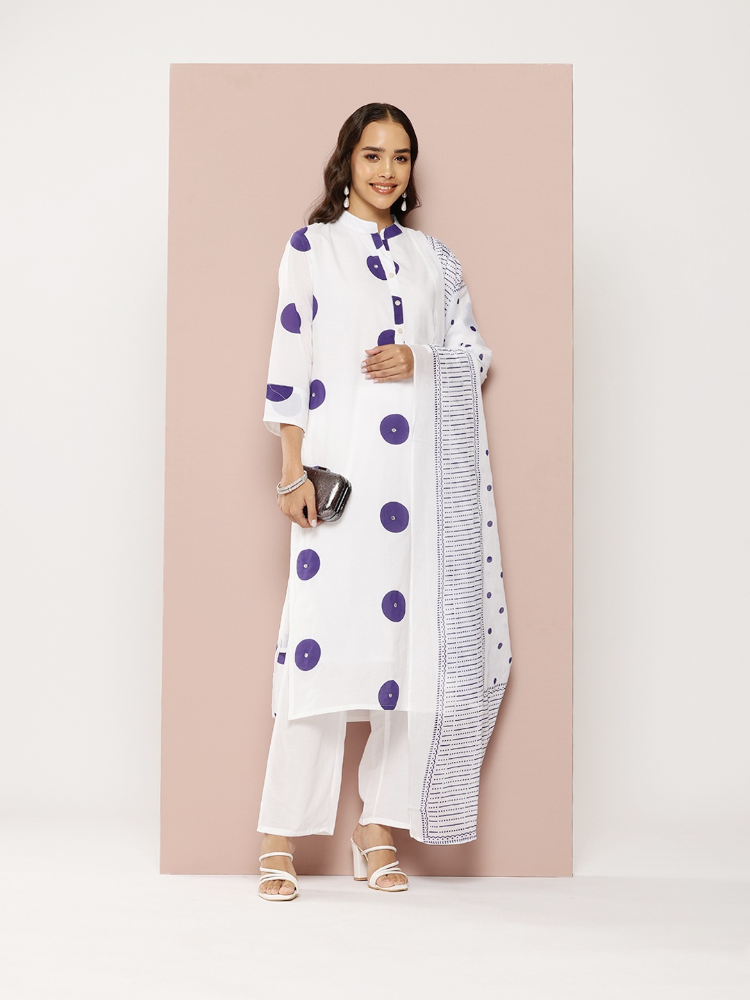 

PARTHVI Printed Beads & Stones Pure Cotton Kurta With Trousers & Dupatta, Blue