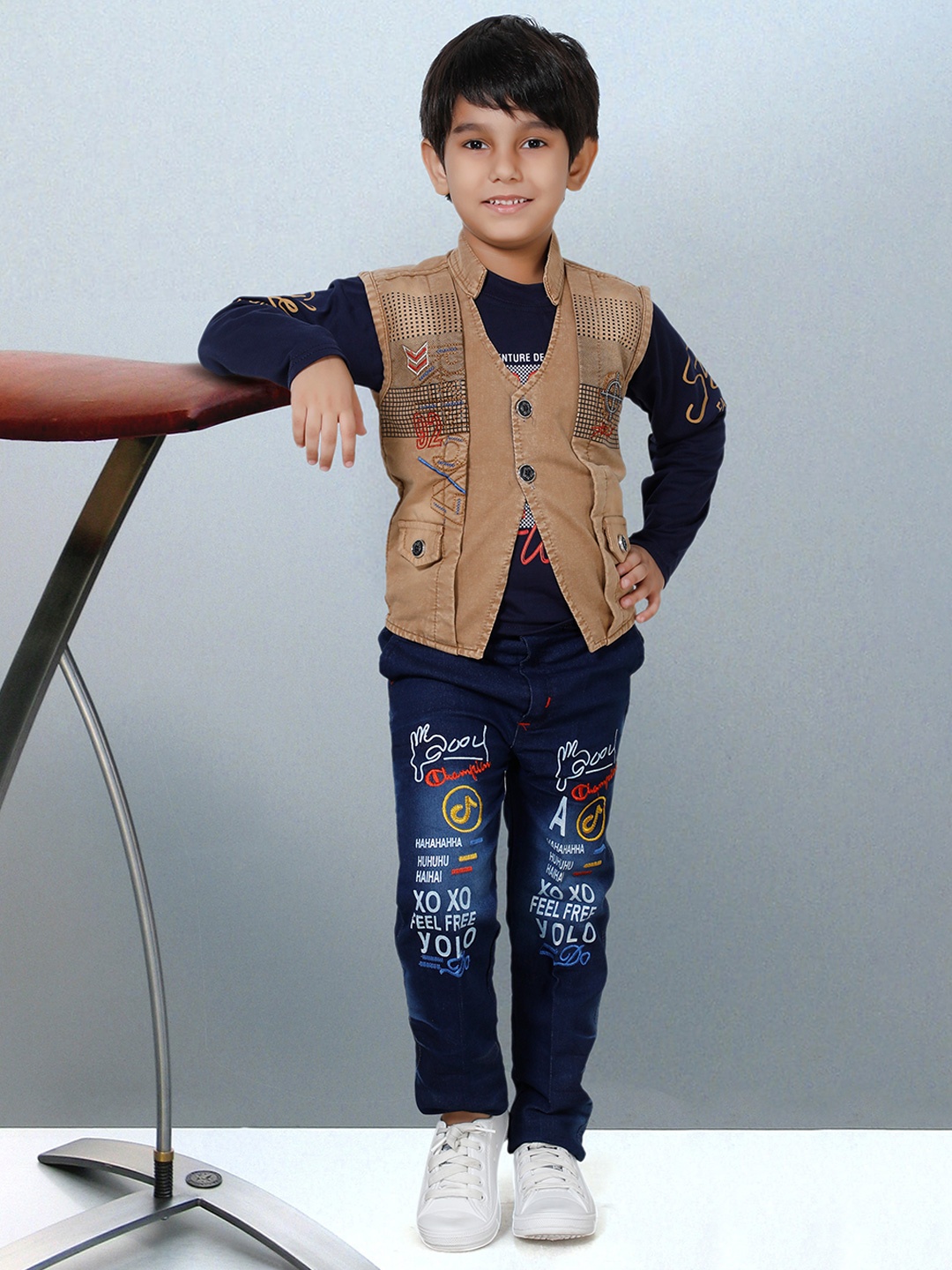 BAESD Boys Typography Printed T-shirt With Trousers & Jacket, Mustard