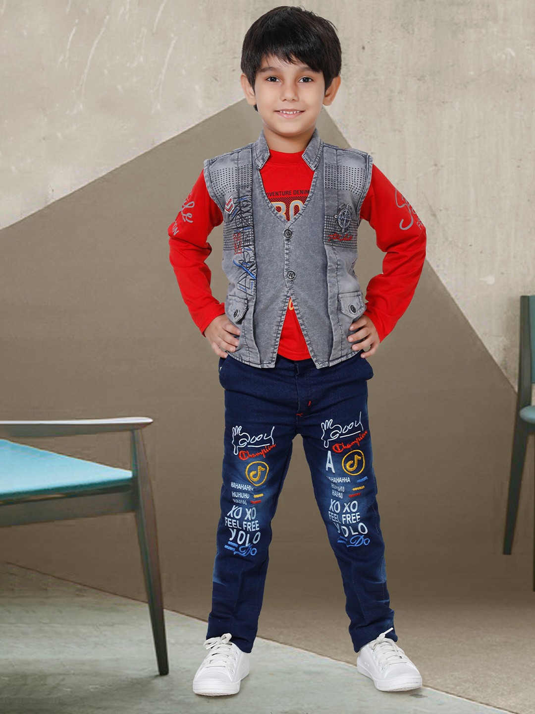 

BAESD Boys Typography Printed T-shirt With Trousers & Jacket, Grey