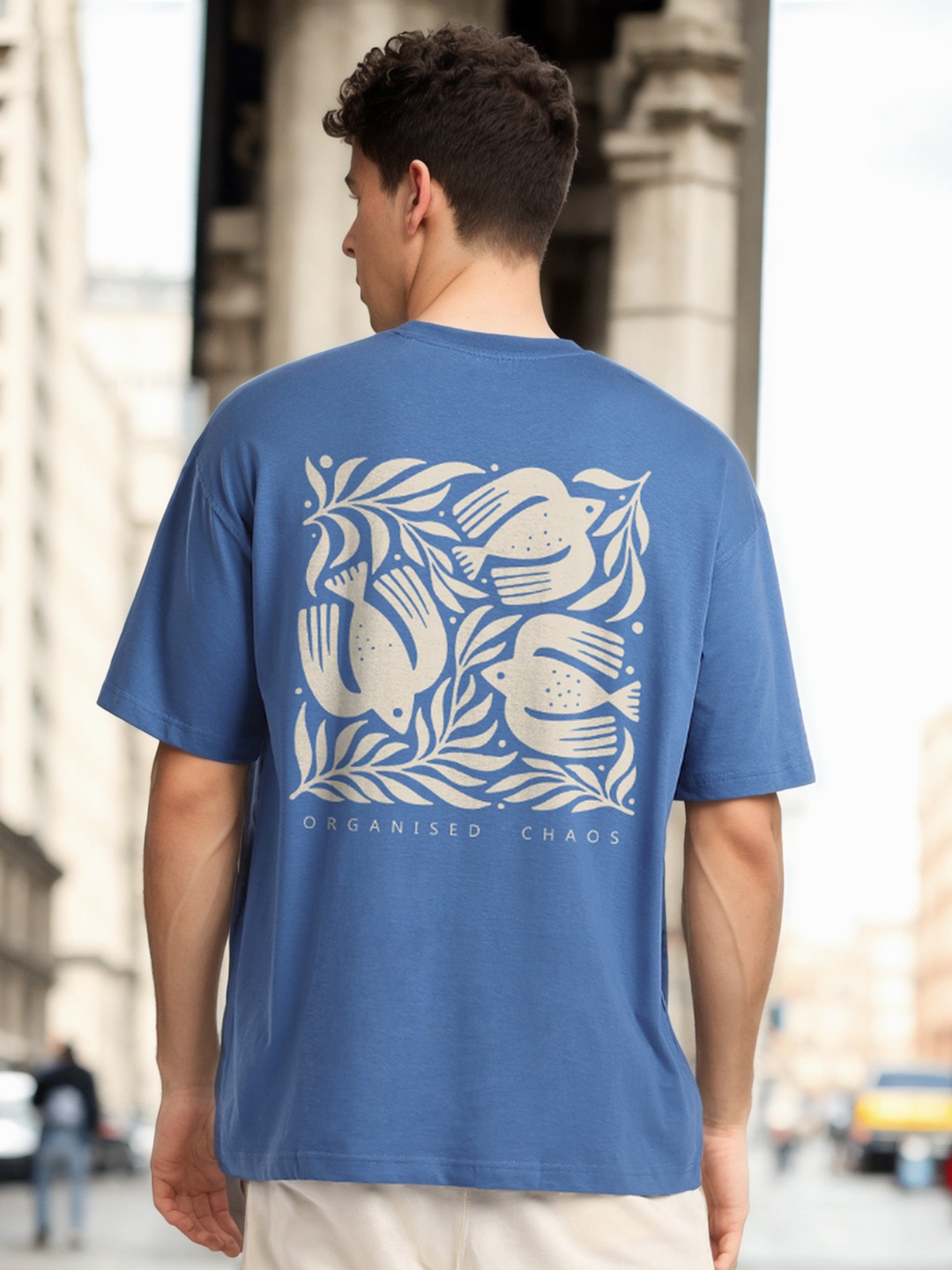 

NOBERO Graphic Printed Drop-Shoulder Sleeves Cotton Oversized T-shirt, Blue