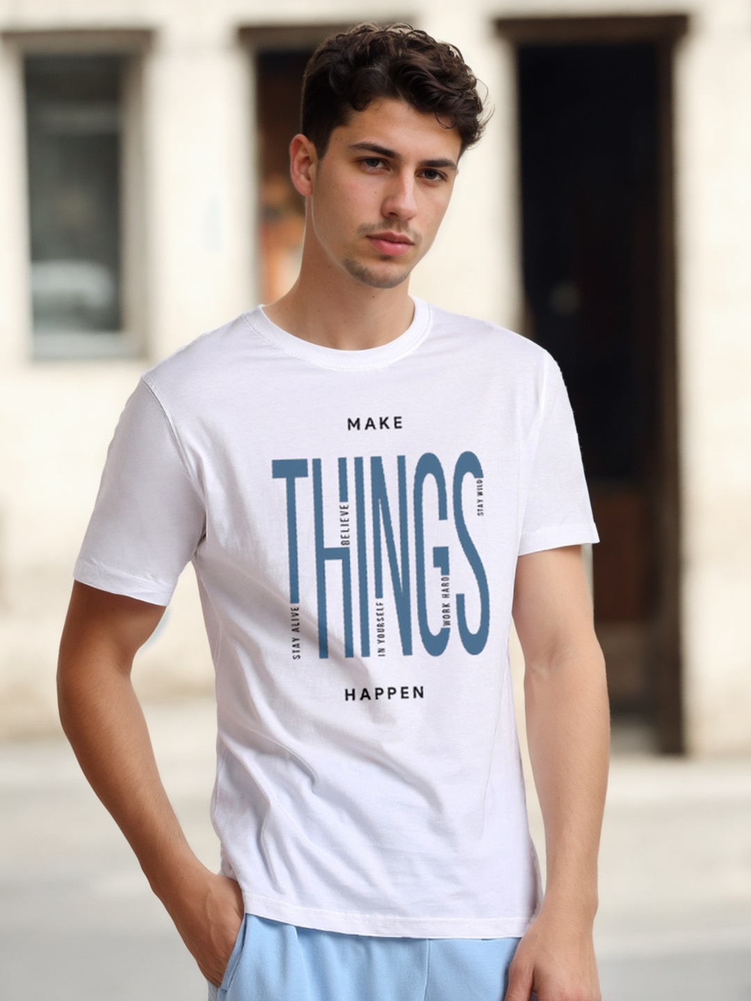 

NOBERO Typography Printed Round Neck Cotton T-shirt, White