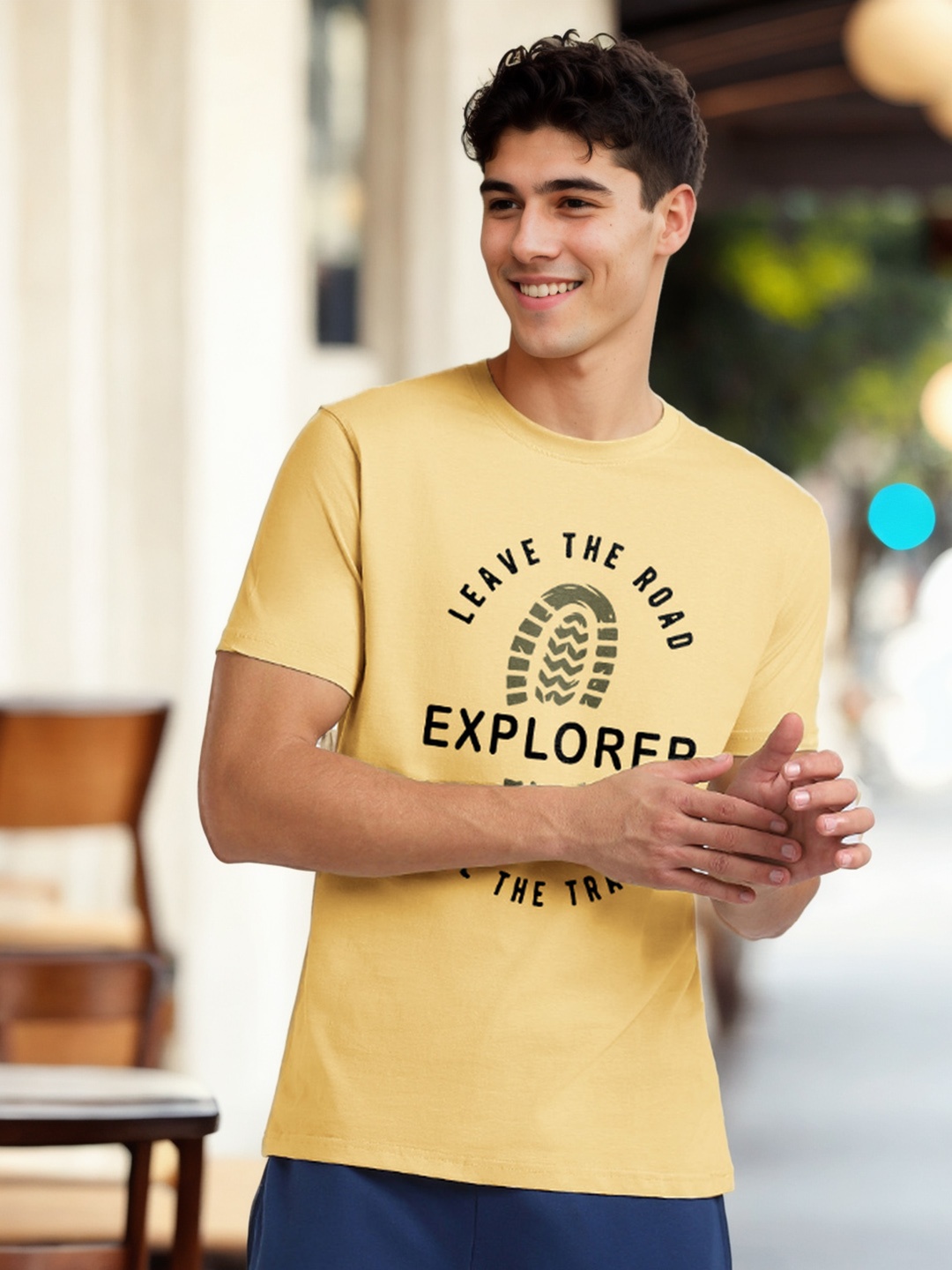 

NOBERO Typography Printed Round Neck Cotton T-shirt, Yellow