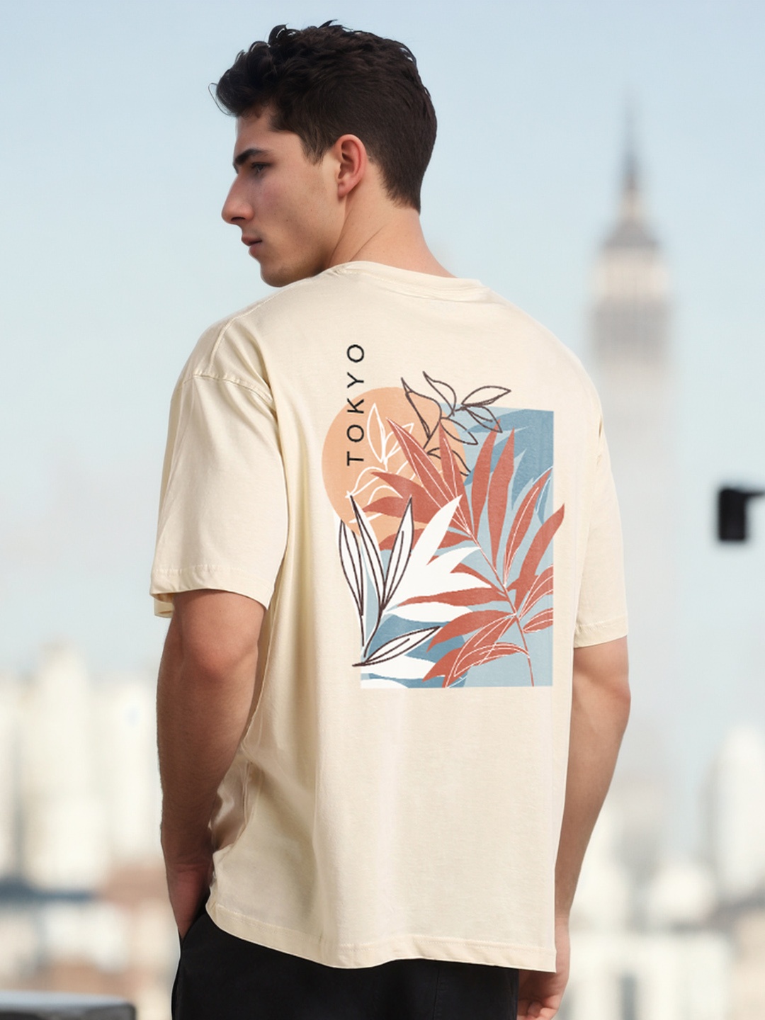 

NOBERO Tropical Printed Drop-Shoulder Sleeves Cotton Oversized T-shirt, Beige