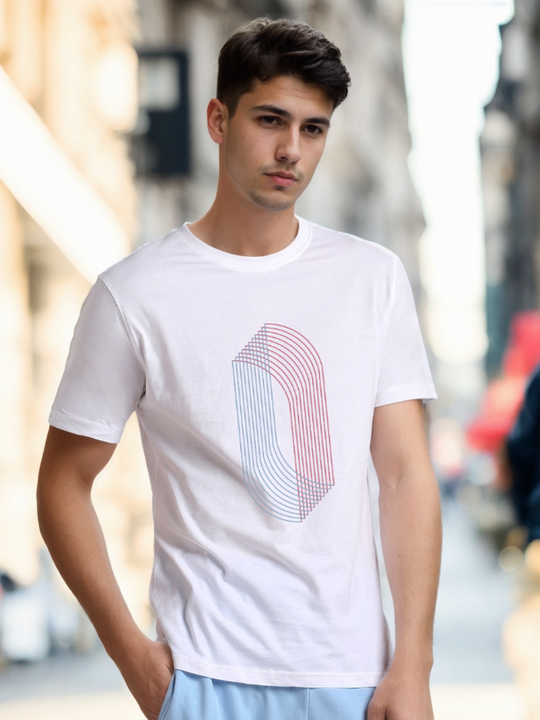 

NOBERO Geometric Printed Round Neck Cotton T-shirt, White