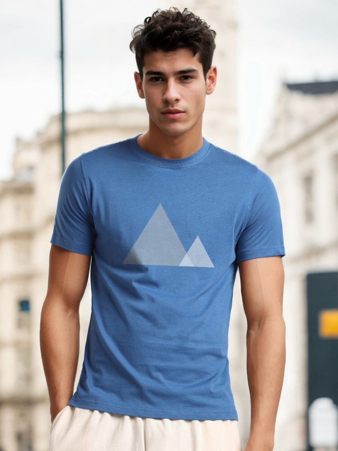 

NOBERO Geometric Printed Round Neck Cotton T-shirt, Blue