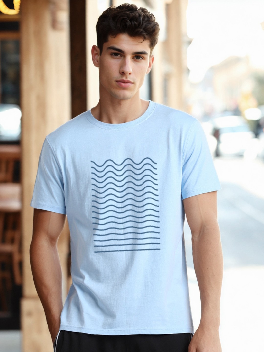

NOBERO Geometric Printed Round Neck Cotton T-shirt, Blue