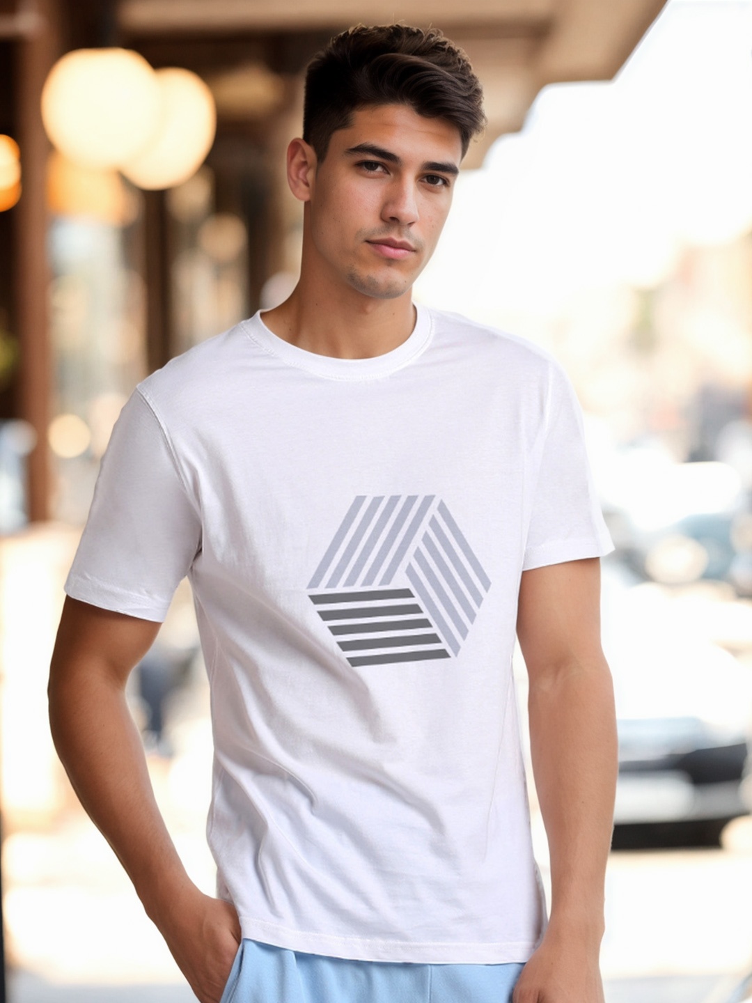 

NOBERO Geometric Printed Cotton T-shirt, White