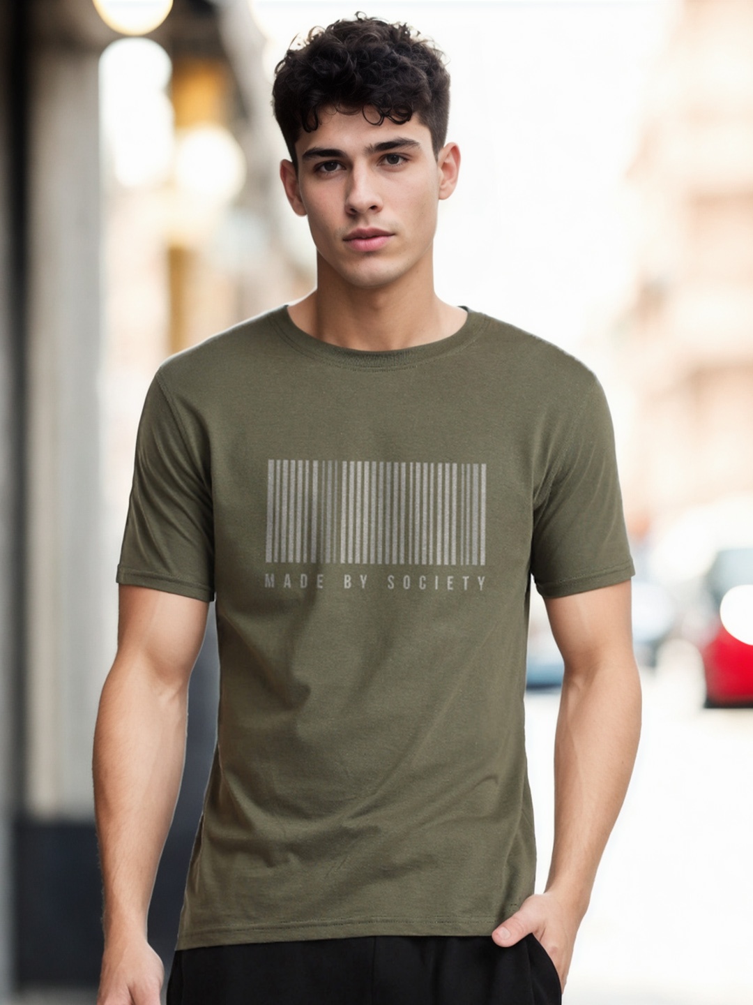 

NOBERO Typography Printed Round Neck Cotton T-shirt, Olive