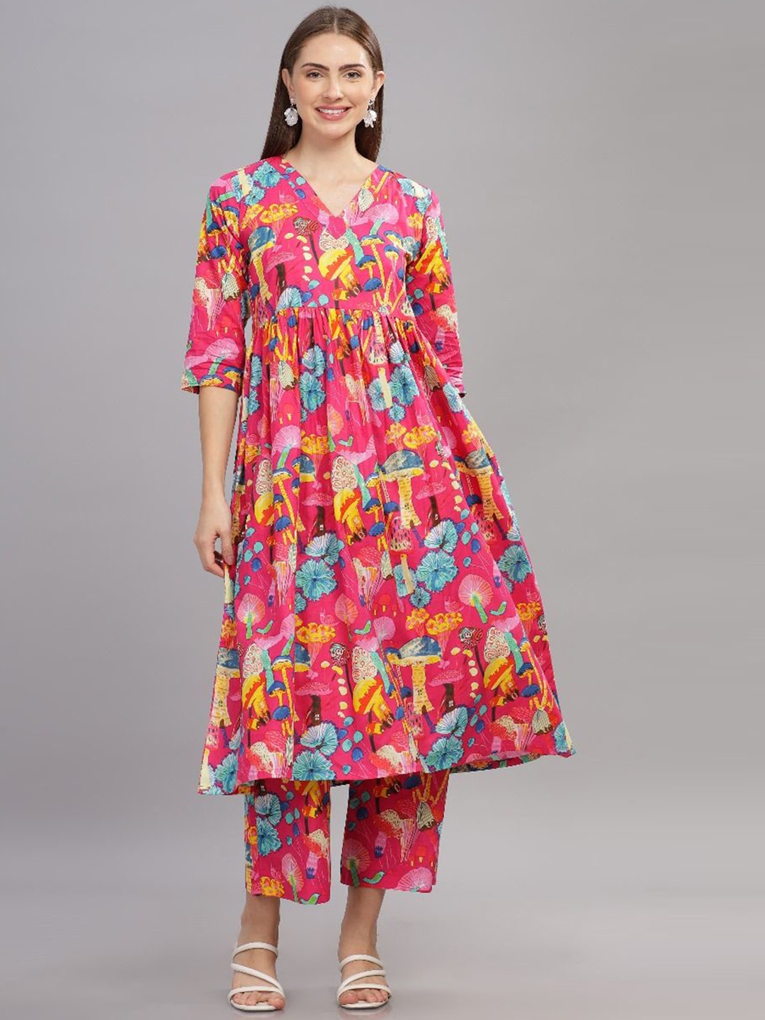 

THE VASILIKI Floral Printed V-Neck Pure Cotton Anarkali Kurta With Trousers, Pink