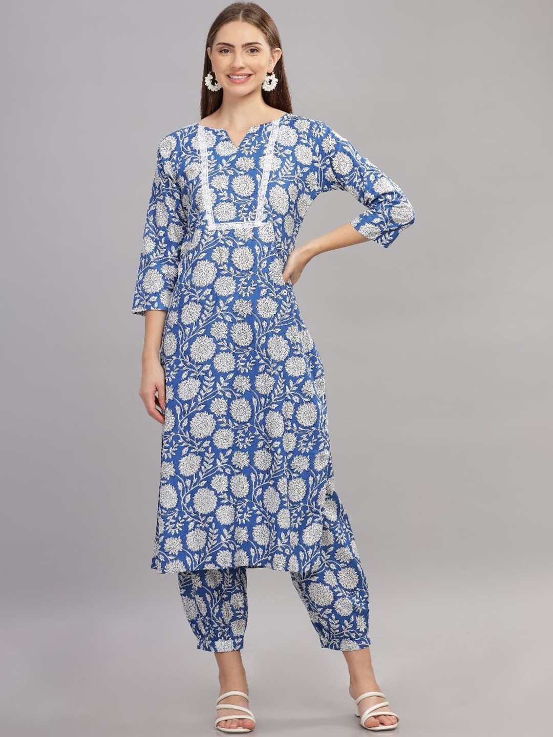 

THE VASILIKI Floral Printed V-Neck Pure Cotton Straight Kurta With Salwar, Blue