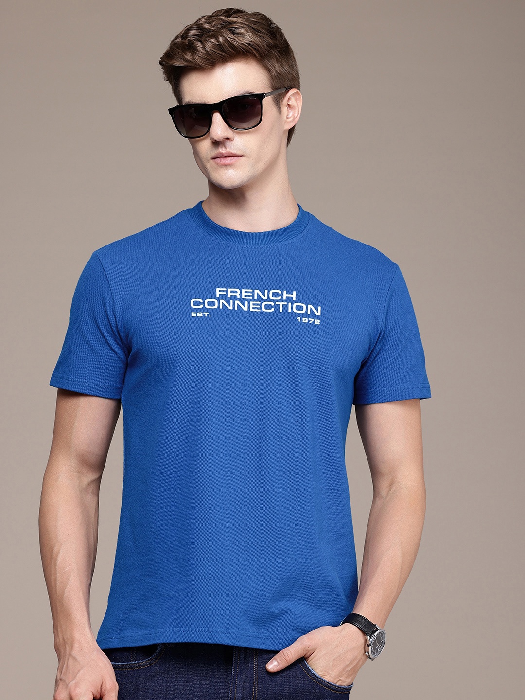 

French Connection Men Brand Logo Printed Bio Finish T-shirt, Blue