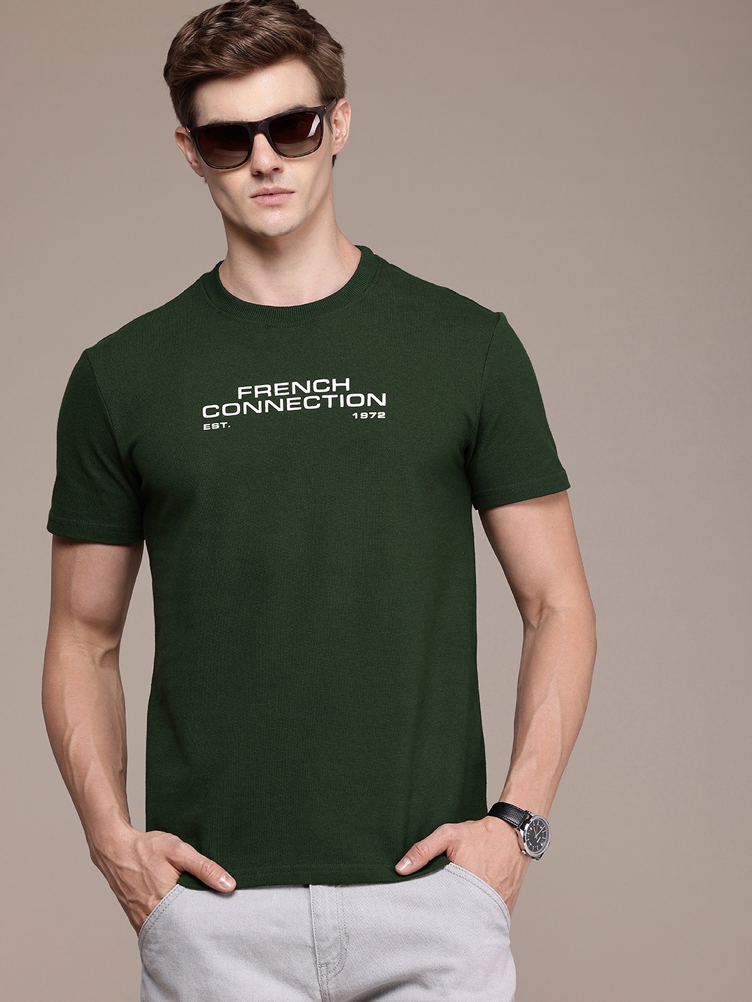 

French Connection Men Brand Logo Printed Bio Finish T-shirt, Green