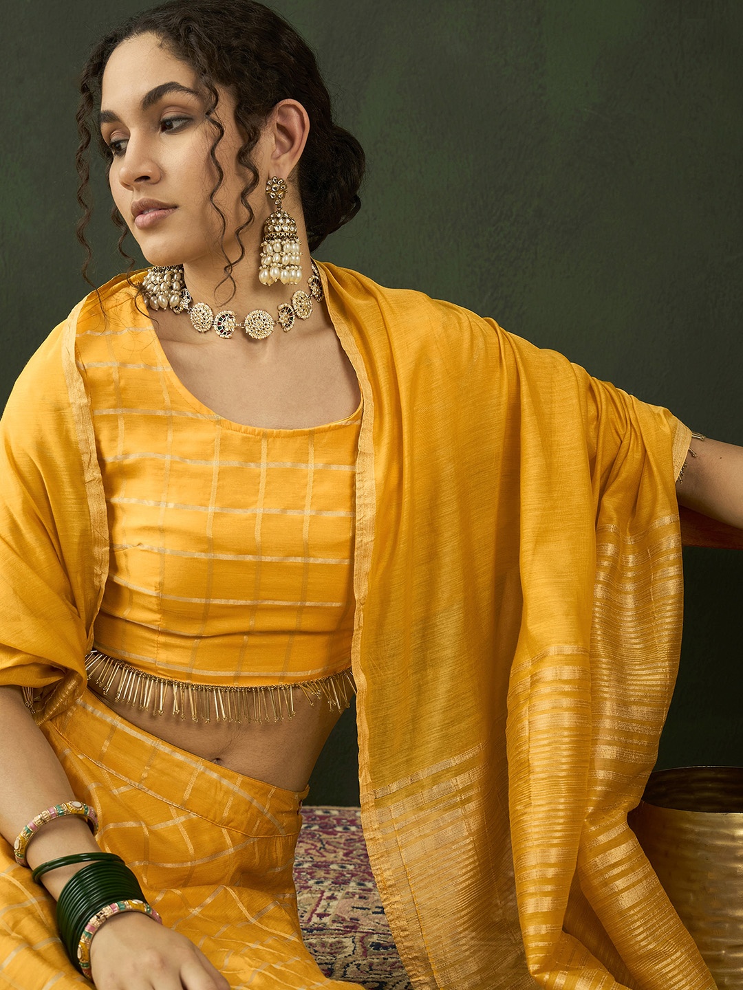 

Sangria Yellow Woven Design Ready to Wear Lehenga With Choli & Dupatta