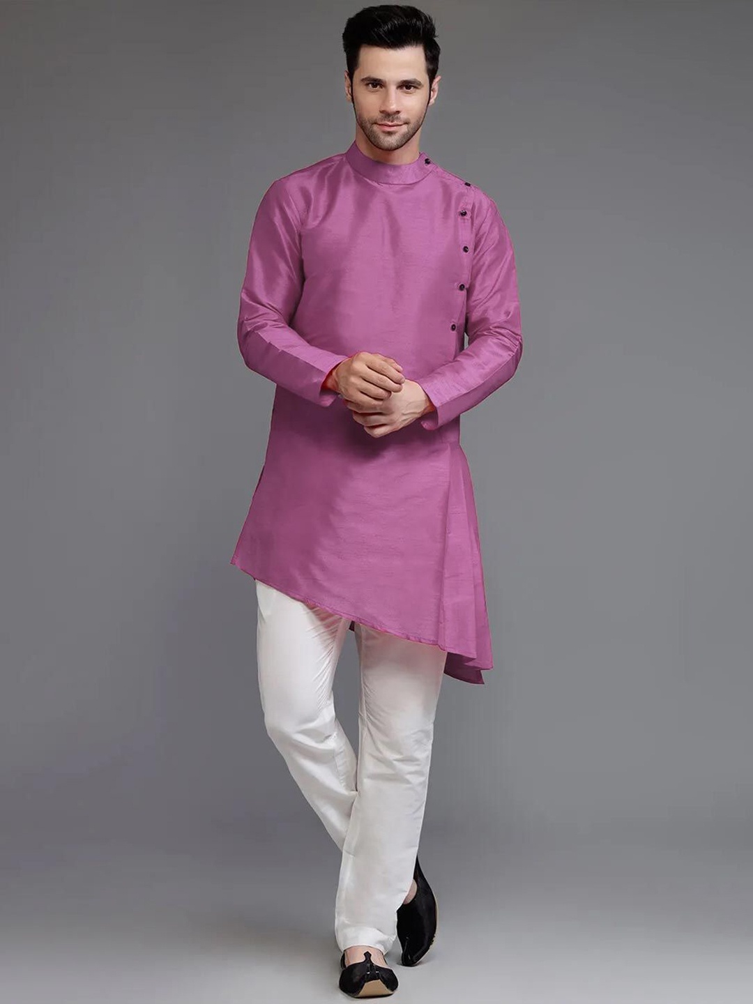 

Utsav Fashion Band Collar Dupion Silk Pleated A-Line Kurta With Trousers, Purple