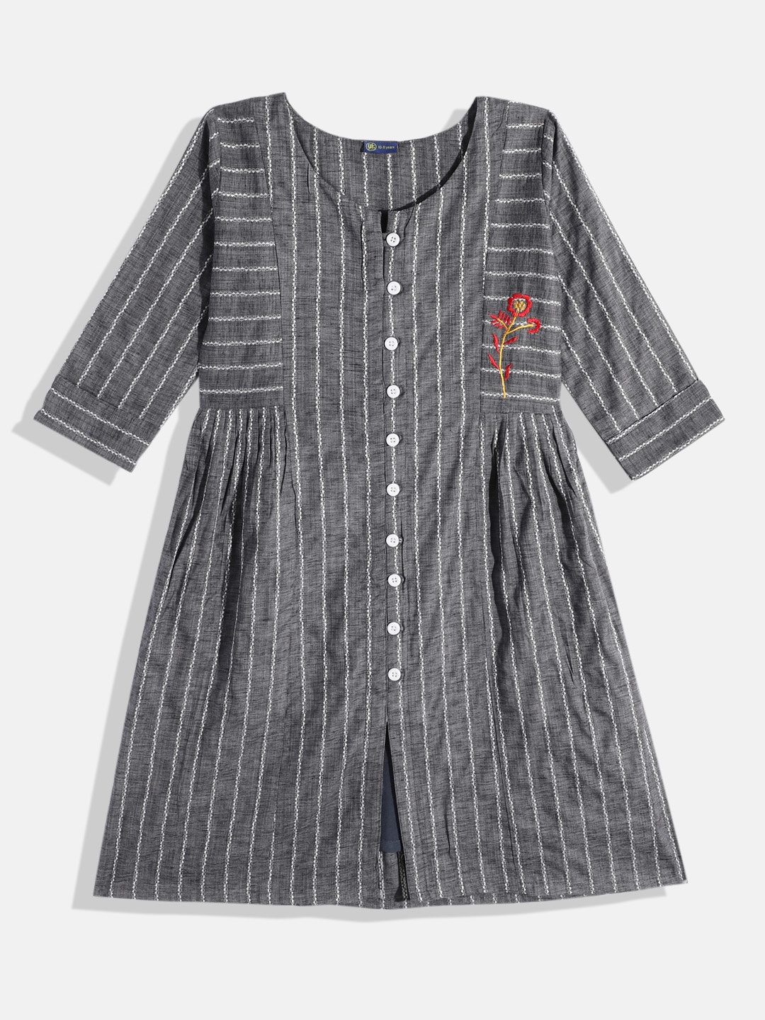

YK Embroidered Thread Work Cotton Denim Panelled Short Kurti, Grey