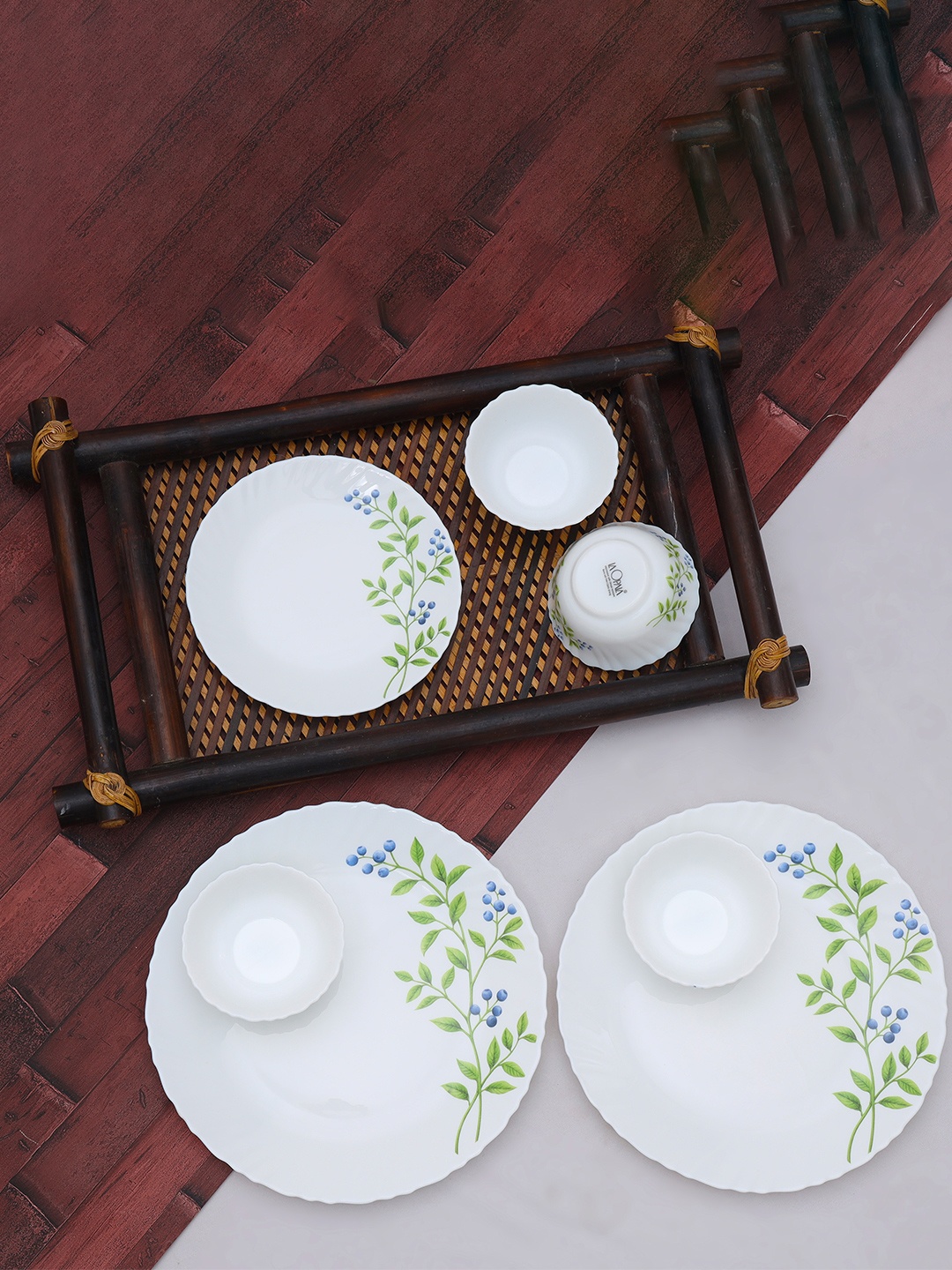 

Laopala Novo Collectio White 12 Pieces Lush Greens Printed Opalware Glossy Dinner Set