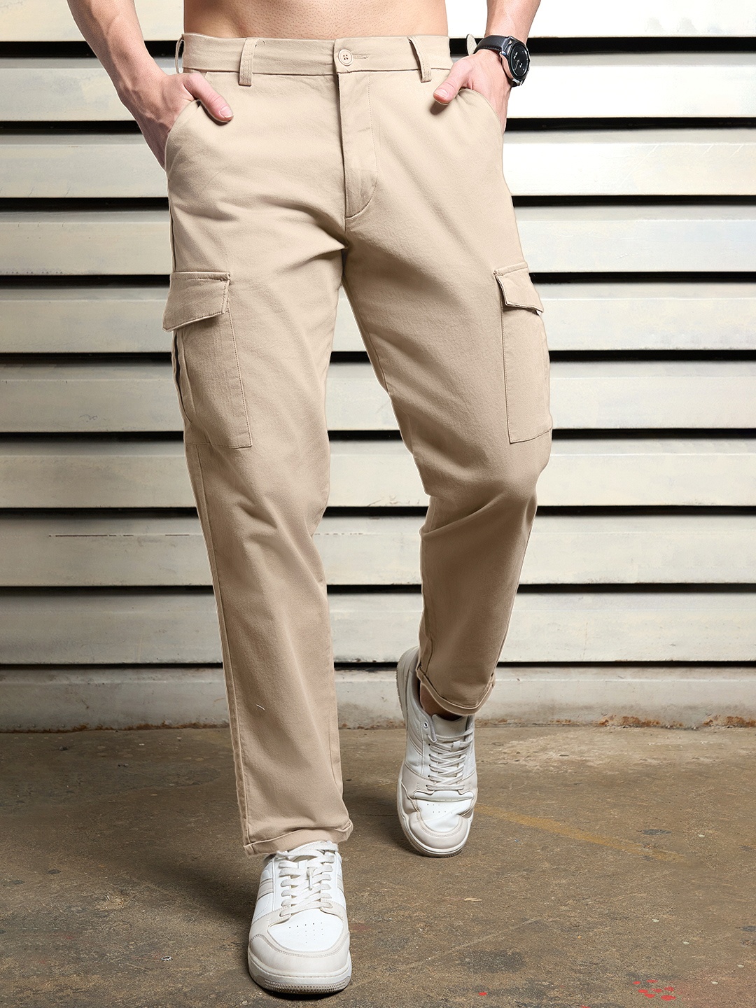 

High Star Men Slim Fit Cargos Trousers, Taupe