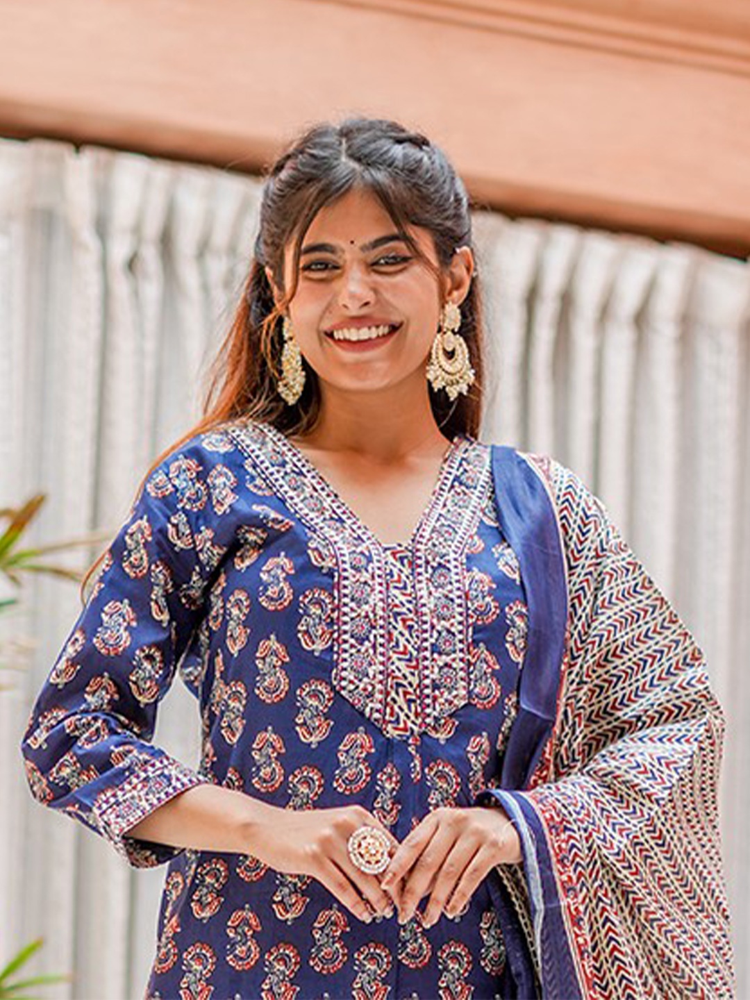 KALINI Floral Printed V-Neck Thread Work Pure Cotton Kurta with Trousers & Dupatta, Blue