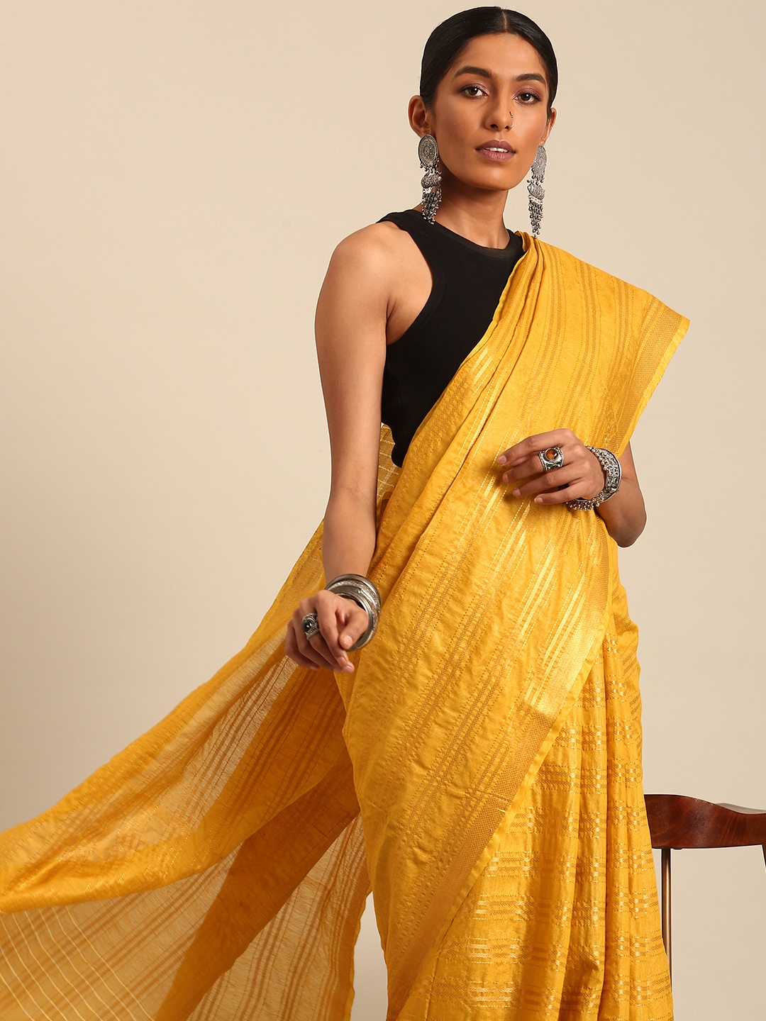 

Taavi Striped Zari Handloom Saree, Yellow