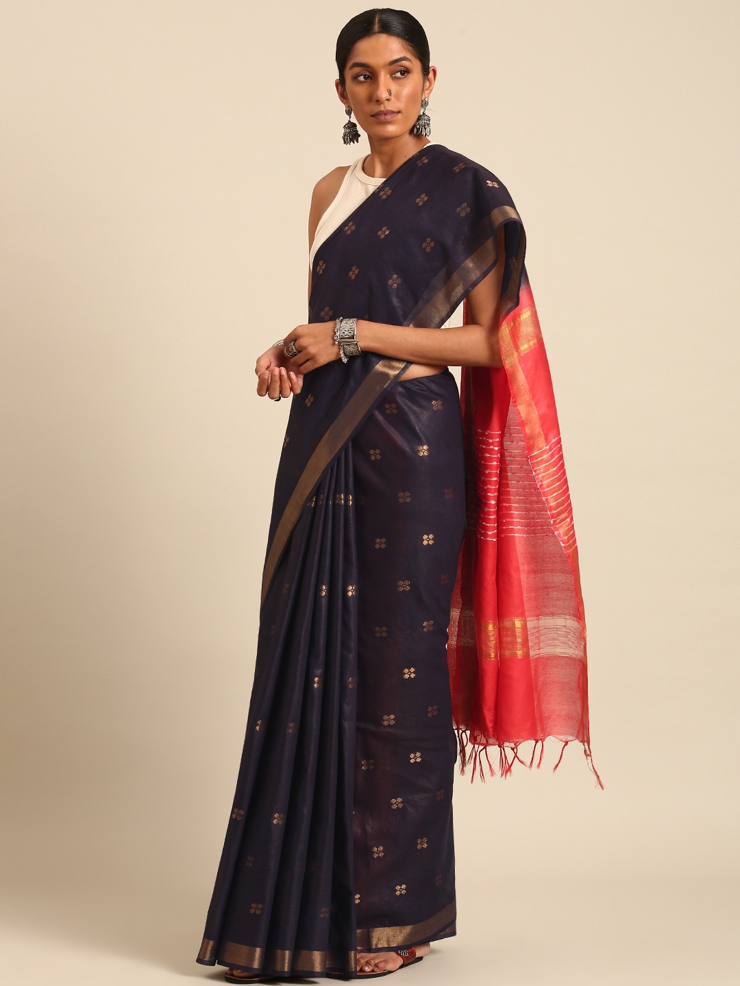 

Taavi Ethnic Motifs Zari Silk Blend Handloom Saree, Navy blue