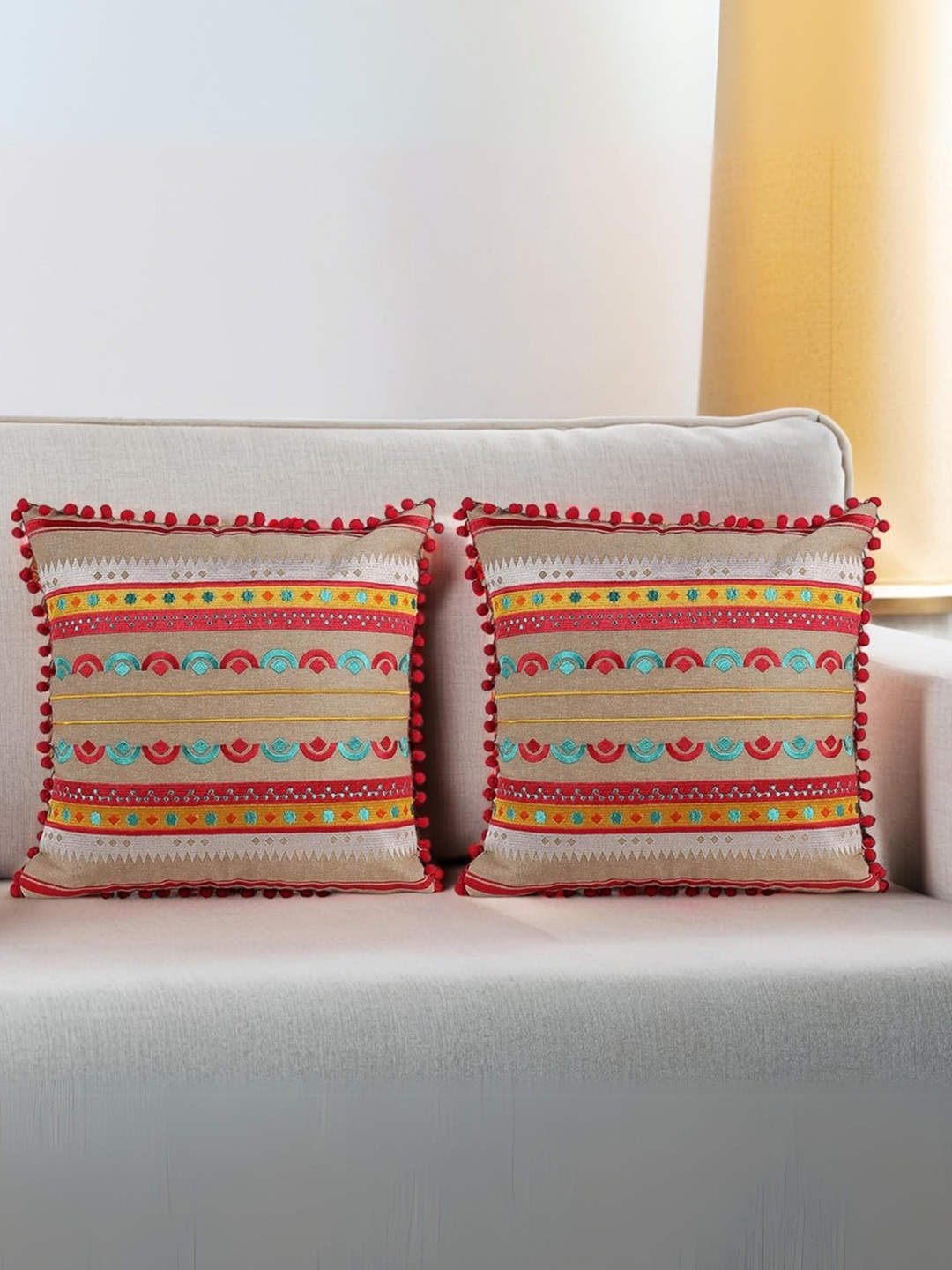 

Decoghar 2 Pieces Red Embroidery Square Cotton Cushion Covers