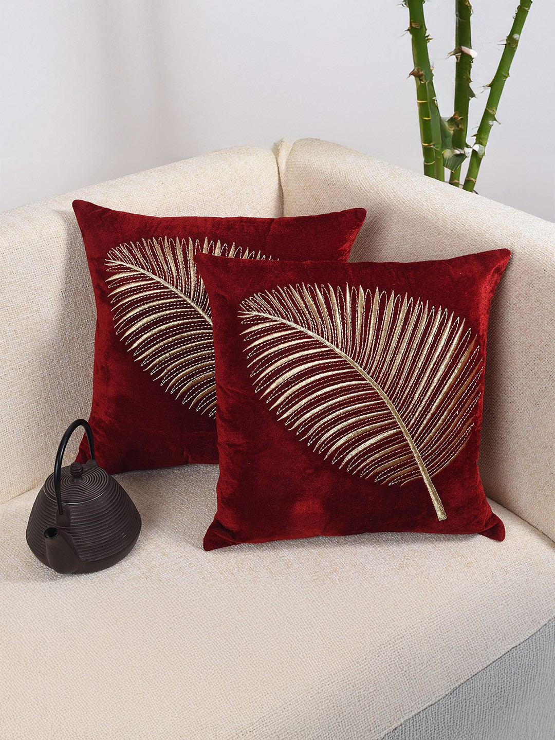 

Decoghar Red Zari Leaf Embroidered 2 Pieces Square Cushion Covers, Maroon