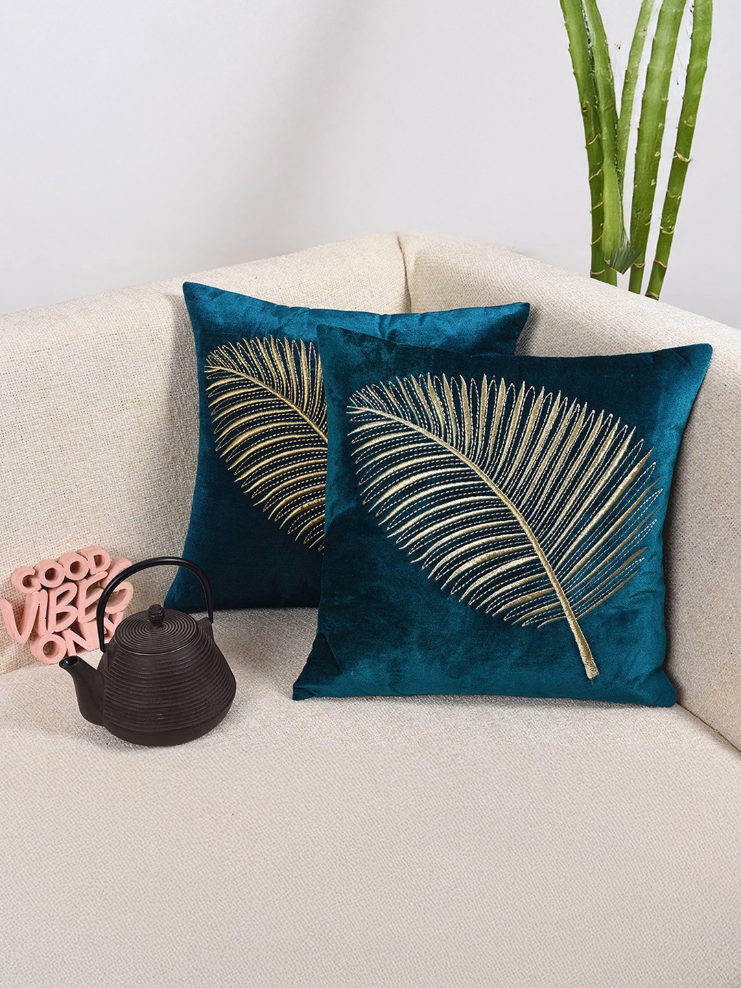 

Decoghar Turquoise Zari Leaf Embroidered 2 Pieces Square Cushion Covers, Blue